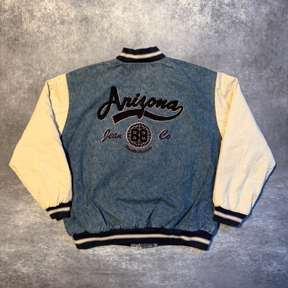 Vintage‎ Arizona Jean Co Mens Large Denim Varsity Jacket Blue Cream Bomber 88 Co